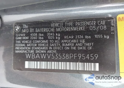 2008 BMW 328Xi из США, поврежденный, VIN WBAWV53538PF95459